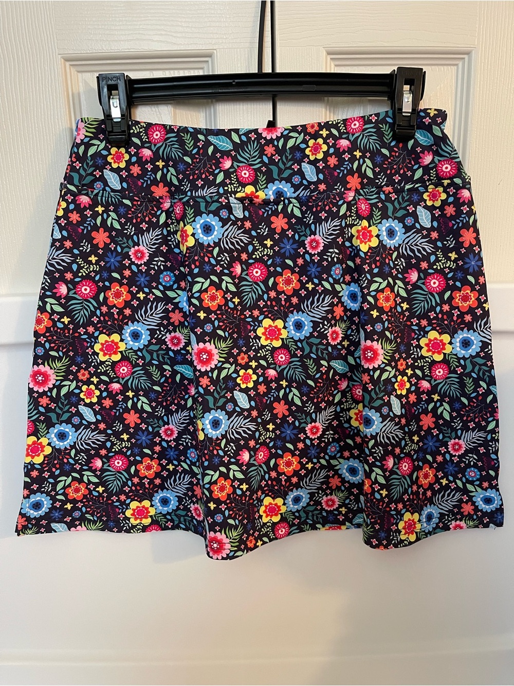 Pickleball skort. Floral A-Line Skirt in Black with Multicolor Blooms